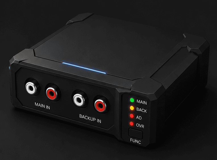 AD SKIPPER PRO unit, front three-quarter view showing MAIN IN and BACKUP IN RCA jacks and status LEDs