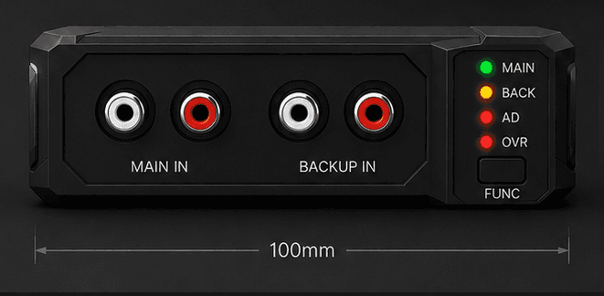 Rear of the unit: MAIN IN and BACKUP IN RCA jacks, MAIN OUT, four status LEDs, and the FUNC button