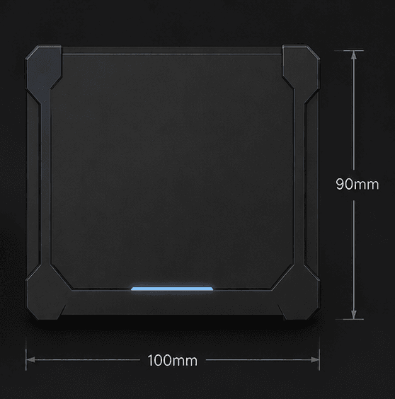 Top of the unit with its blue accent light, measuring 100 by 90 millimetres